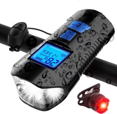 4-in-1 Rechargeable Bicycle LED Light with Speedometer, Bell & Tail Light