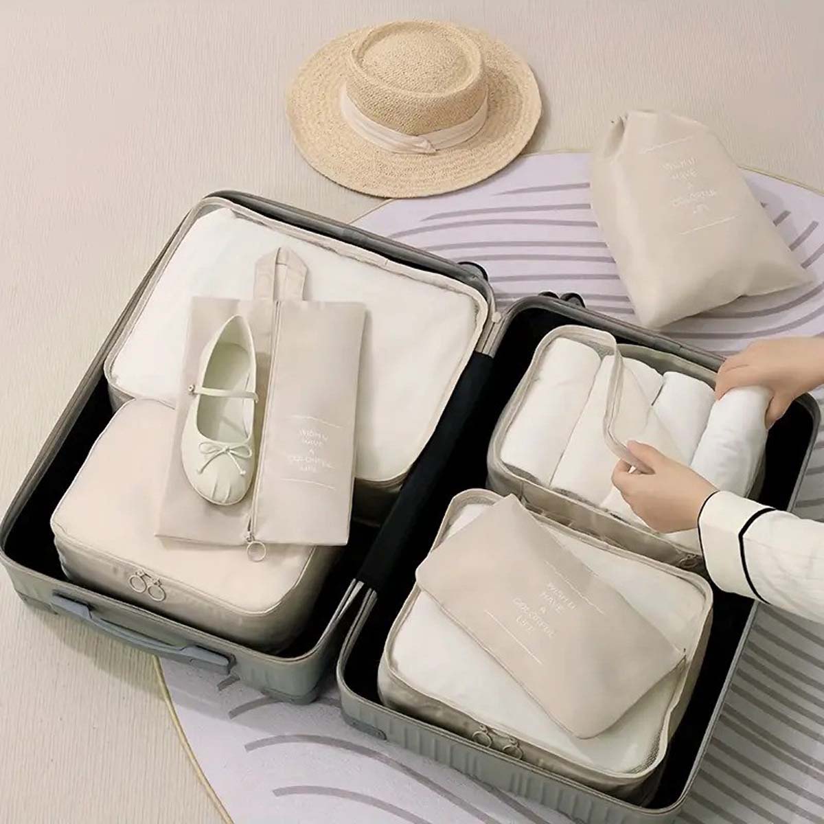 3PX-7PCTRAVELKIT-BEIGE (3) Clarissa Jet Set 7 N 1 Travel Pack Kit - Image 1