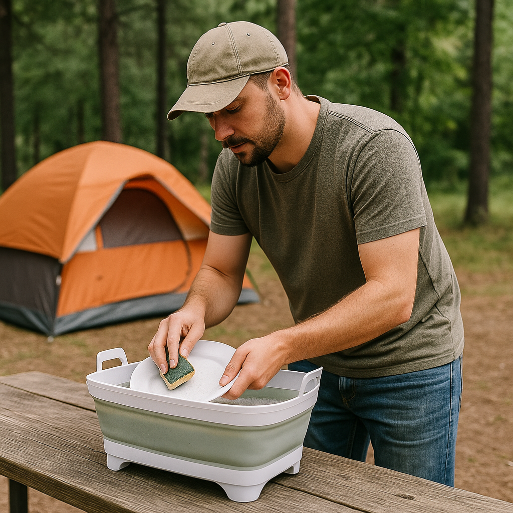 20250528_1526_Camping Sink Usage_remix_01jwc93trnfgbrsqqsg9qkyr45 Collapsible Multipurpose Sink - Image 1